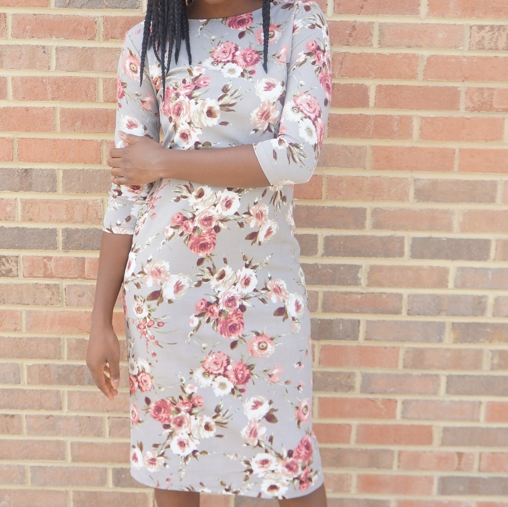 Gray Floral Midi Dress